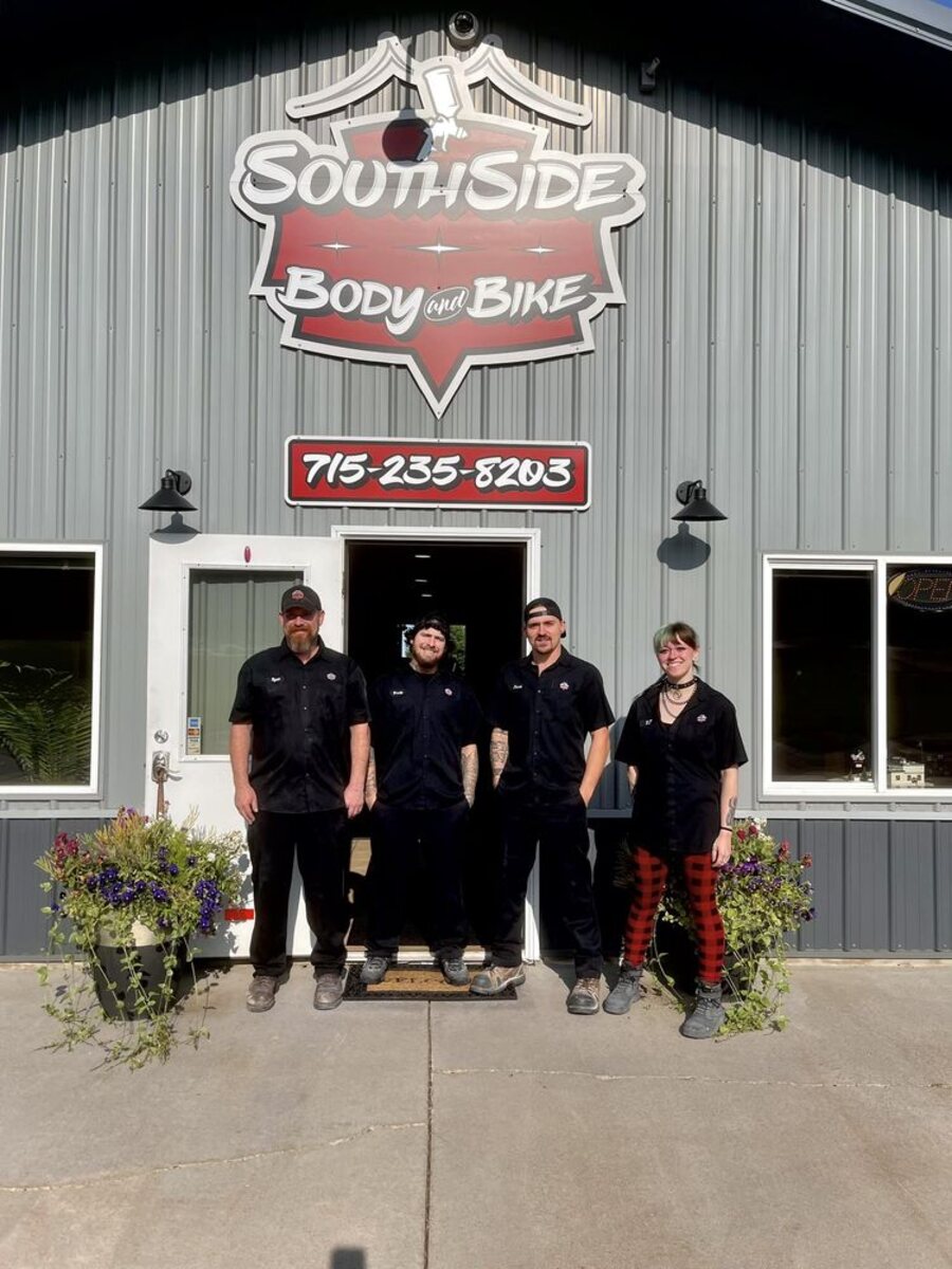 The SouthSide Body & Bike crew outside the shop in Menomonie, Wisconsin